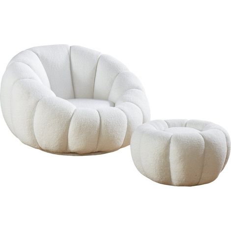 Ensemble Fauteuil et Pouf Pivotant 360° en Tissu Bouclette Blanc pour Salon et Chambre - PANGIVO (1/5)