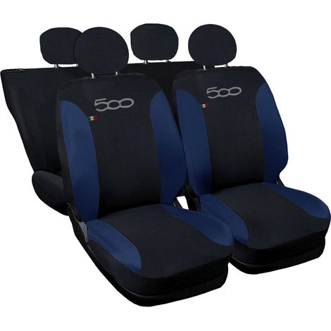 Lupex shop - Coprisedili Auto Compatibili per 500, Made In Italy, set di copri sedili anteriori e posteriori con copri poggiatesta incluso, New, tessuto poliestere, Nero - Blu Scuro