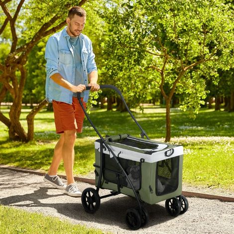 2 en 1 Chariot pour chiens Poussette pliable pour chiens et chats jusqu'à 10 kg Poussette pour chats avec coussin Fenêtres en filet Portes Panier de rangement Chariot pour chats Poussette Vert foncé (1/5)