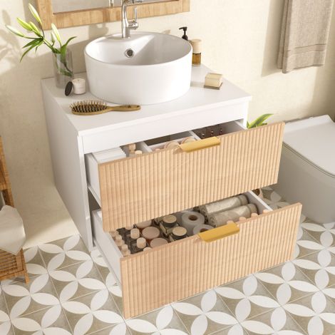 Badschrank mit Waschbecken 60 cm, wandmontierter Waschtischunterschrank in Holzoptik, rundes Keramikwaschbecken, 2 Schubladen, 60x45x60 cm