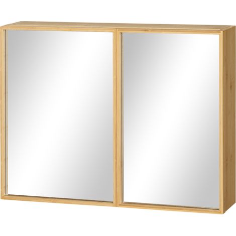 Armoire miroir de salle de bain en bambou naturel avec double porte et 3 étagères murale 65,2 x 14 x 50 cm (1/5)