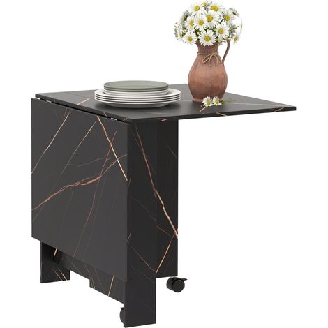 Table pliante de cuisine 120x80 cm avec 2 abattants et 2 roues freinées couleur noir marbré pour un gain de place élégant. (1/5)