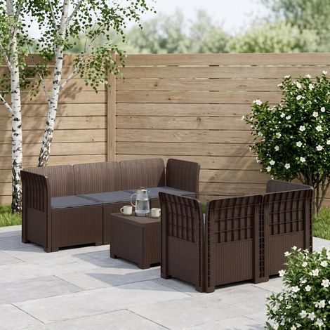 vidaXL Divano da Giardino 5 Posti con Cuscini Stile Rattan PP Marrone (1/5)