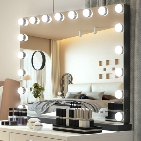 Hollywood Makeup Mirror, Light Vanity Mirror, Bathroom Mirror, with LED Dimmable Bulbs, USB Charging Port, Touch Screen(18 Bulbs, 8062.5cm, Black) (1/5)