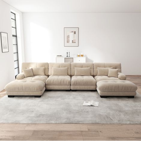 Sofá modular de chenilla color café claro con otomanas móviles, configuración en U, L o recta (1/5)