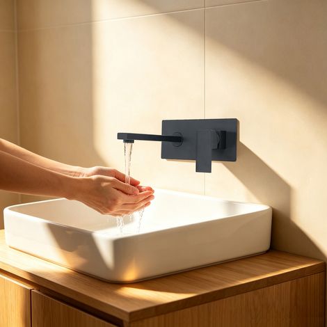 【Chauffage et ventilation】Robinetterie murale de lavabo, mitigeur mural encastré 2 trous à levier unique, pour salle de bain, Noir (1/5)