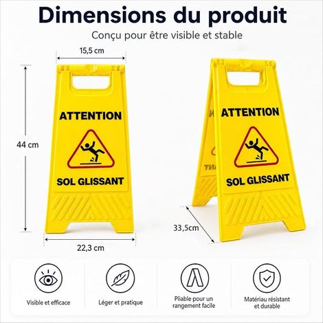 Panneau Sol Glissant 44 cm, Chevalet Jaune Double Face en Français, Panneau Attention Sol Glissant Pliable avec Poignée pour Restaurant, Hôtel, Bureau, Magasin, Toilettes (1/2)