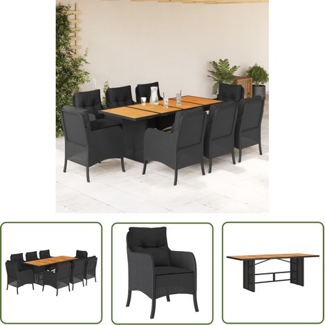 The Living Store 9-tlg. Garten-Essgruppe mit Kissen Schwarz Poly Rattan - Gartenmöbel - Outdoor-Möbel - Essgruppe - Gartenset - Rattanmöbel (1/5)