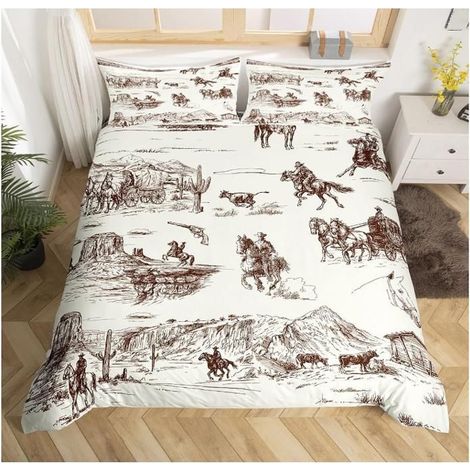 Vintage Western Cowboy Parure de Lit Running Cheval Housse de Couette 240x260cm Western Literie Set Sketch Style Ensemble - 4B5 (1/4)