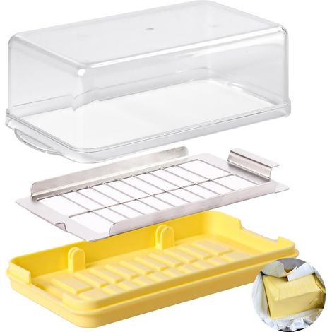 Beurrier en plastique avec couvercle, coupe-beurre, beurrier avec fourchette pour 454 g, diviser en 20 portions égales, boîte de conservation pour fromage (jaune) (1/4)