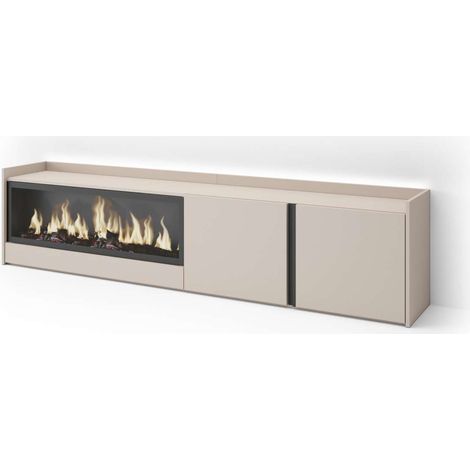 Mueble TV Riogordo-01 de 212x50x35 cm con chimenea eléctrica y luces LED, color beige (1/4)
