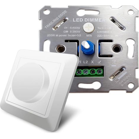 Variateur LED 3-250 W avec variateur rotatif pour lampes LED à intensité variable et halogène 5-200 W - Variateur LED universel - Avec couvercle blanc (1/5)