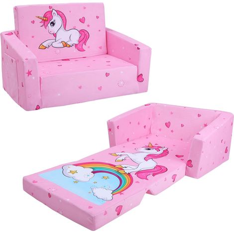Canapé Pliant pour Enfants Canapé-Lit Convertible 2 en 1, Canapé-Lit pour Bébés Stable Confortable avec Pochette en Tissu, Canapé Chaise Léger pour Chambre à Coucher Salle de Jeux, Licorne (1/5)