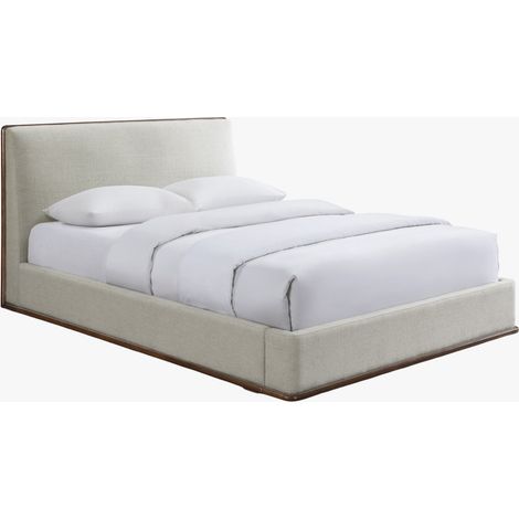 NORIA Lit double en tissu beige et bois foncé 160x200 cm (1/5)