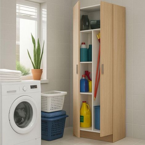 Armoire multifonction 2 portes Charleston, meuble à balais, meuble à chaussures avec étagères, penderie porte-chaussures, 73 x 37 x 180 cm, chêne (1/5)