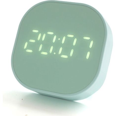 Réveil Électronique Carré - Affichage Luminex - Réglage Double Alarme - Minuteur et Rappel Temporel - Capteur de Température Intégré - Alimentation USB ou Piles - Vert Pâle (1/3)