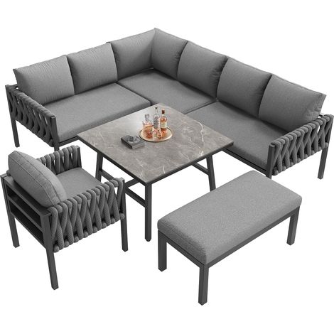 Ensemble de mobilier de jardin en corde, salon de jardin avec structure en fer galvanisé, pieds réglables, canapé d’angle, plateau en verre trempé, coussins d’assise et de dossier inclus, gris (1/5)