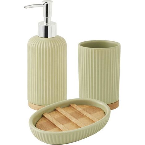 Set salle de bain strié 3 pièces céramique bambou tilleul - Set salle de bain strié 3 pièces céramique bambou tilleul (1/5)