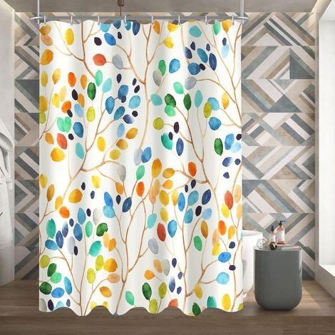 Rideau de douche, 120 x 200 cm, motif arbre coloré, ourlet lesté, textile anti-moisissure, imperméable, lavable, pour salle de bain, baignoire avec 8 anneaux de rideau de douche (1/5)