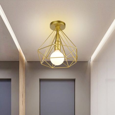 LAMPE DE PLAFOND Retro Plafonnier Cage Forme Diamant Luminaire Industrielle en Metal Or 1PCS (1/5)