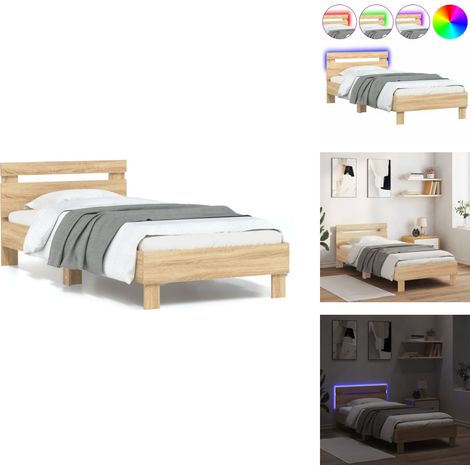 Bettgestell mit Kopfteil und LED-Leuchten Sonoma-Eiche 90x200cm - Bettstellengestell - Holzbettwäsche - Doppelbett - Eiche Möbel - Beleuchtung Im Schlafzimmer (1/5)
