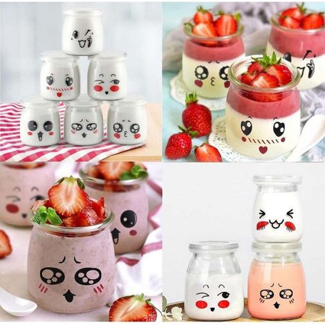 10 Pots Yaourt en Verre 100ml avec Couvercle, Motif Visage Mignon, Pot Dessert Hermétique Transparent (1/4)