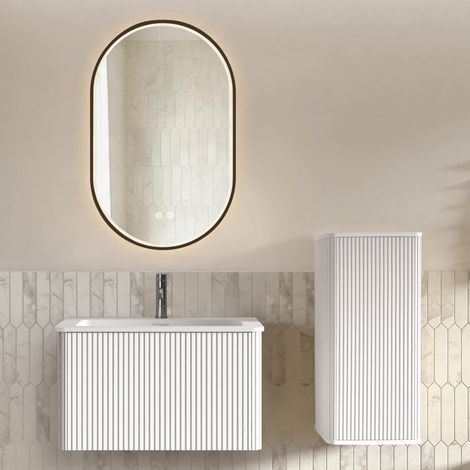 Mobile bagno con lavabo, specchio LED e colonna laterale, design minimalista bianco, alluminio, vetro, MDF, compensato, superficie solida (1/5)