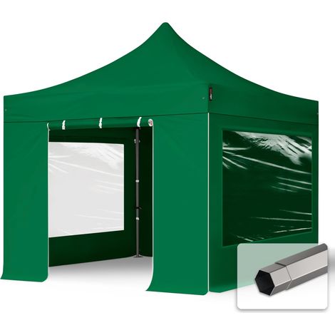 3x3 m Faltpavillon, PREMIUM Stahl 40mm, Seitenteile mit Panoramafenstern, dunkelgrün (1/5)