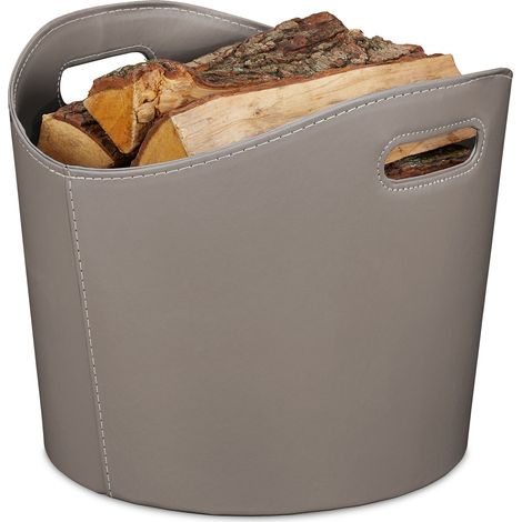 Relaxdays Faux Leather Basket, Sturdy Firewood Container with Handles, also for Laundry, Toys, etc., 32 x 38 cm, Grey