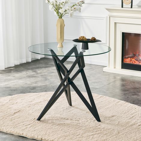 Tavolino rotondo Ø85 cm in vetro temperato, base geometrica in metallo nero, per soggiorno (1/5)