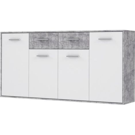 Les Tendances – Buffet bas PILVI 4 portes 2 tiroirs – Blanc et béton clair – Dimensions L 162,3 x P 34,2 x H 88,1 cm – Meuble moderne pour salon (1/10)