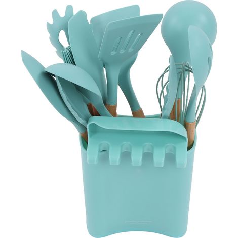 Ensemble de 13 ustensiles de cuisine en silicone avec manche en bois, comprenant spatule, cuillère et support antiadhésifs (vert foncé).
