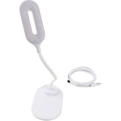 Lampe de bureau LED avec chargeur sans fil, bras flexible pivotant, commande tactile, 3 niveaux de luminosité, blanche. (1/5)