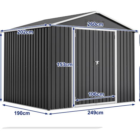 Caseta de jardín, puertas con cerradura de seguridad, metal resistente a la intemperie, color negro, 260x202x191cm (1/2)