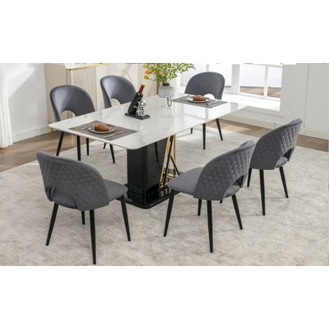 Chaise de salle à manger (lot de 6), chaise design rembourrée avec dossier, assise en velours, structure en métal, pieds réglables, motif losanges sur le dossier, gris. (1/5)