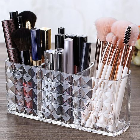 Rangement Maquillage Pinceaux, 3 Fentes Acrylique Cristal Cosmétique Rangement pour Mascara Crayon Sourcils, Pinceau Maquillage Organisateur pour Bureau Vanités Chambre Coucher Salle Bains (1/5)