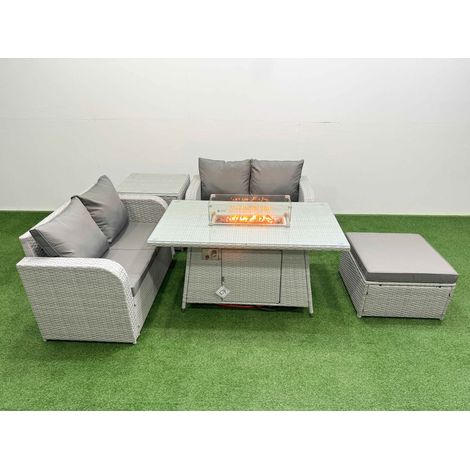 Fimous 5 Seater Outdoor Love Sofa Set Rattan Garden Furniture Set with Firepit Dining Table Big Footstool Side Table Light Grey (1/4)