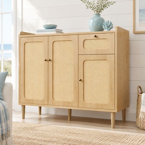 Sideboard 120 x 40 x 91 cm mit Rattanoptik, 3 Türen und 1 Schublade, Eichefarben HAVRYA (1/5)