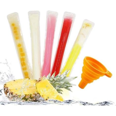 Lot de 200 moules à sucettes glacées – 5,5x28 cm – Sans BPA – Fermeture éclair – Entonnoir inclus – Smoothies, yaourts, jus (1/5)