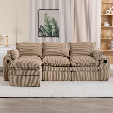 Divano 3 posti modulare in velluto a coste kaki con pouf, cuscini e tasche laterali, 263x167x85 cm (1/5)