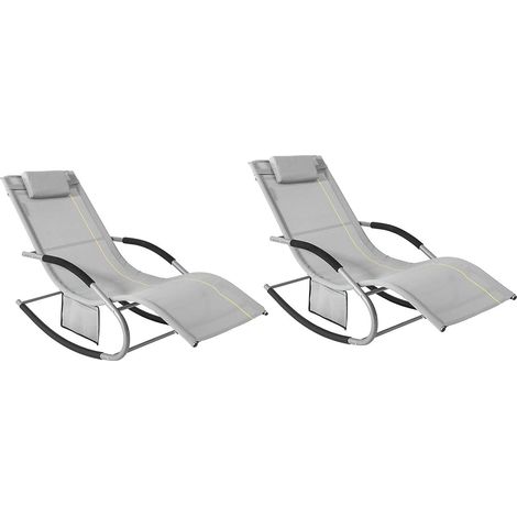 SoBuy OGS28-HG x2 Lot de 2 Bain de Soleil Chaise Longue Fauteuil à Bascule avec Appui-tête et Pochette et Repose-Pieds