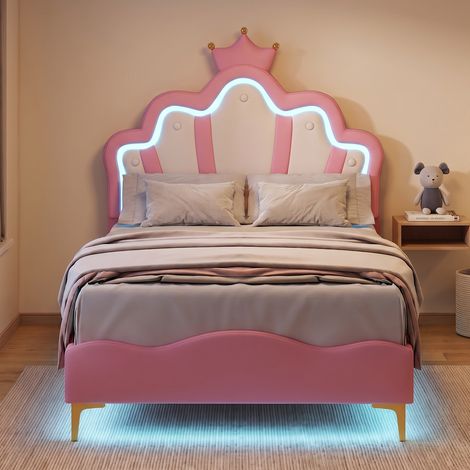 Lit simple 90x190 cm, lit enfant avec RGB LED et tête de lit couronne réglable, lit capitonné avec sommier, Rose (1/5)