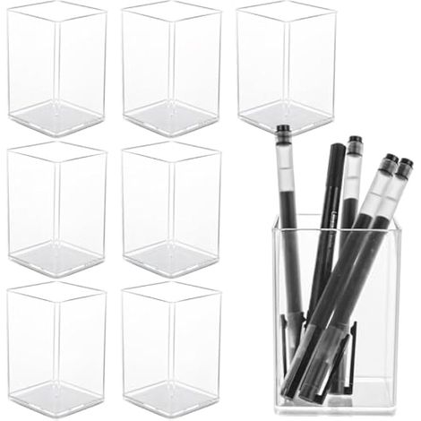 Lot de 8 pots à crayons carrés en acrylique transparent pour bureau, salle de classe, fournitures de maison (1/5)