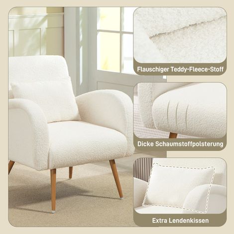 Fauteuil rembourré en polaire teddy, chaise avec accoudoirs et coussin lombaire, pieds métalliques, fauteuil de lecture, blanc crème (1/5)