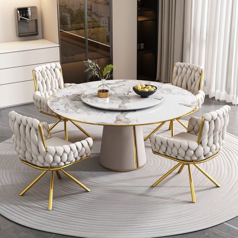 Modernluxe – Chaise pivotante en velours avec accoudoirs – pieds en métal doré – ergonomique – fonction pivotante 360° – 4 pièces – beige (1/5)