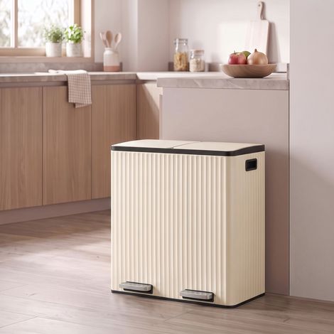 Poubelle Cuisine Tri Sélectif 2 Bacs à Pédale 2 x 30 L 59,1 x 36,5 x 62,7 cm Beige (1/5)