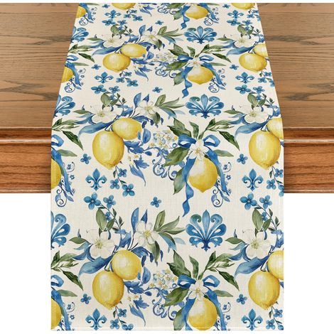 Runner da tavola estivo blu limone, stagionale, primavera, cucina, tavolo da pranzo, decorazione per la casa, festività, decorazione per feste, 33 x 183 cm