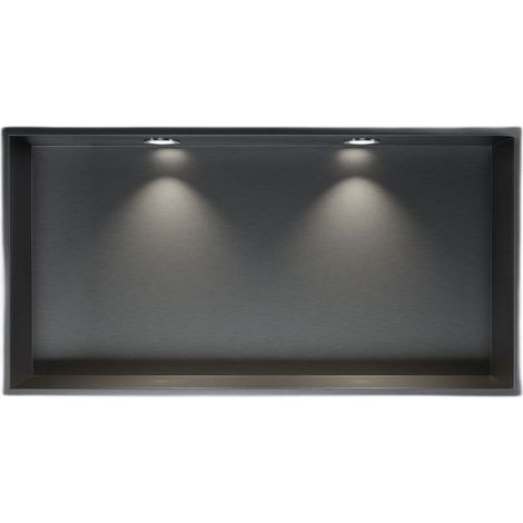 BERNSTEIN - Niche murale douche acier inox + 2 Spots LED, étagère douche encastrable - 30x60x10cm (HxLxP) - Gun métal, 2x Spot Chrome