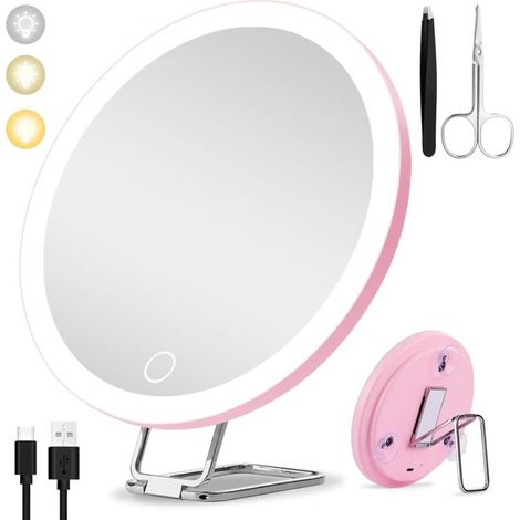 Miroir Grossissant Lumineux 30X, 15cm - 3 Modes de Couleur Dimming, Grand Miroir de Voyage Rechargeable avec 3 Ventouses et Support de Table 360°