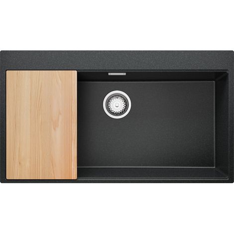 PRIMAGRAN Evier Cuisine en Granit 88x50cm, Lavabo 1 bac + Kit de Vidage + Planche à Découper, Évier à Encastrer au meuble 90cm - Oslo, Graphite